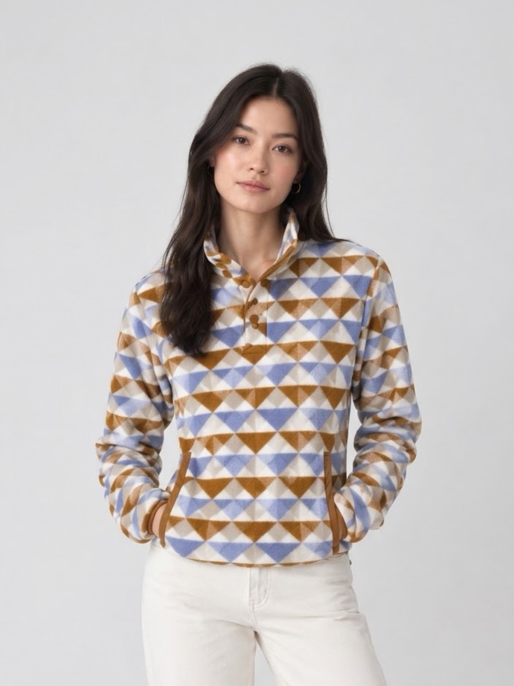 TWIK Geometric Fleece Lightweight 1/4 Quarter Zip Pullover Blue Brown SMALL